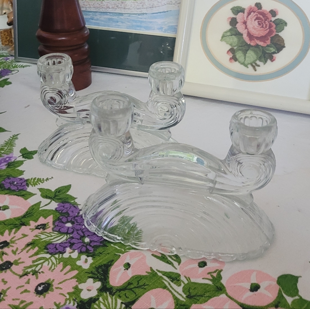 Vintage McKee Glass Double Candlestick holder Clear Glass Scroll Set Of 2